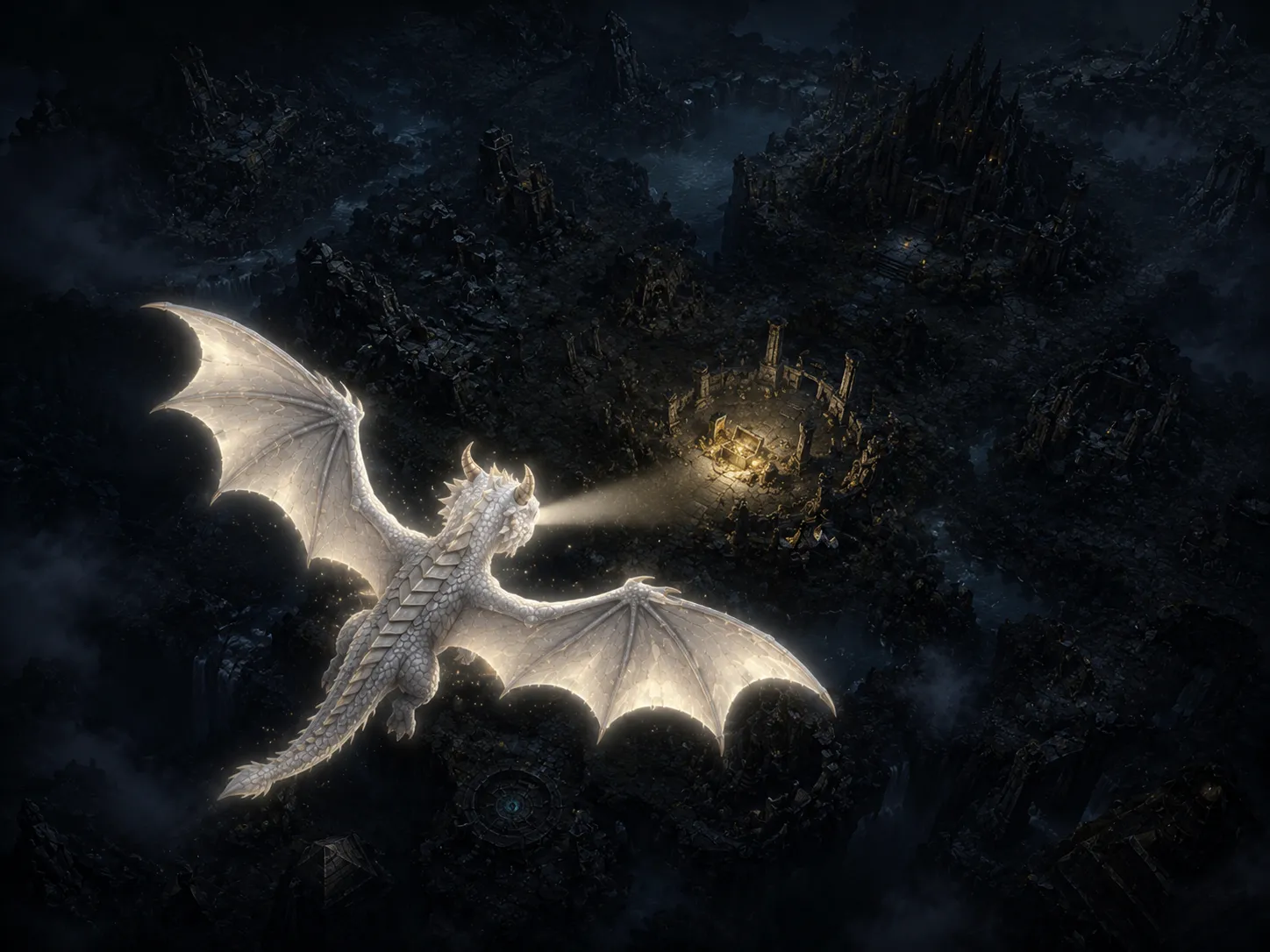 The TokenLordsRPG world seen from above: a white dragon gliding over ruined territory toward a lit vault of treasure